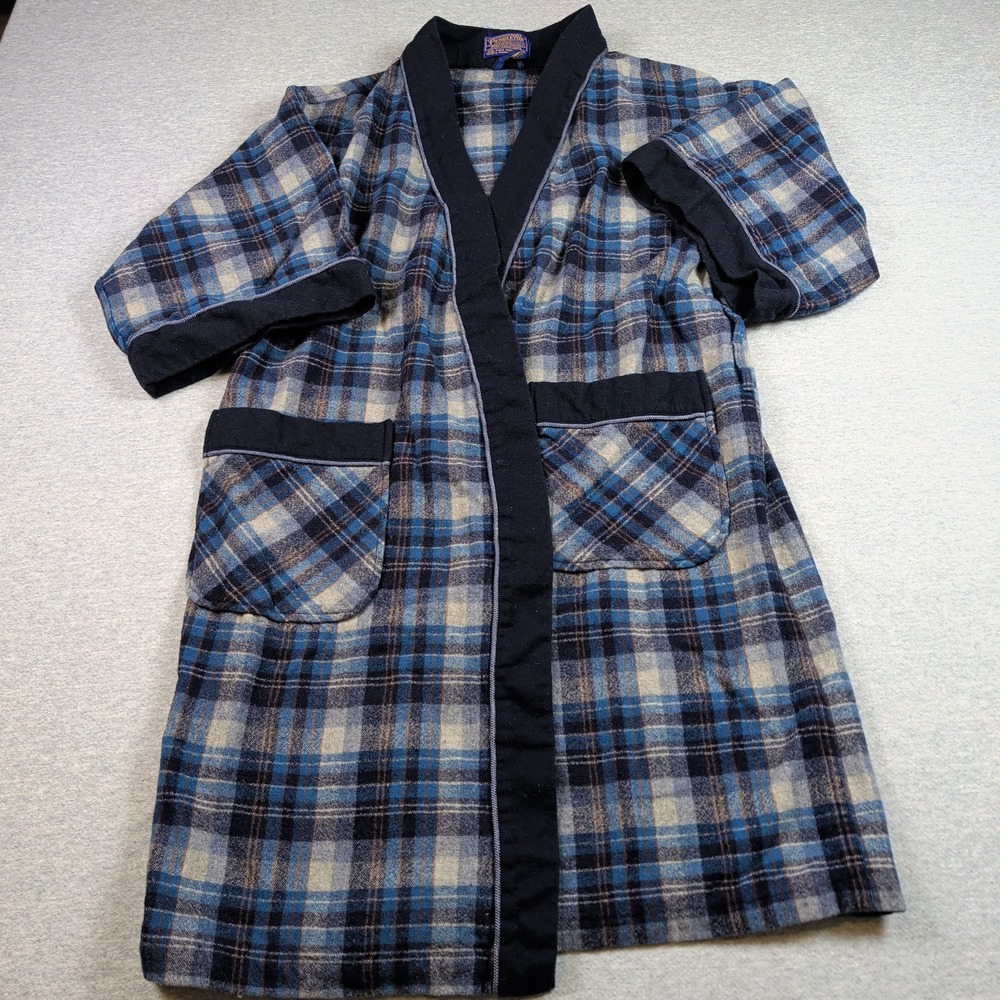 Pendleton Vintage Mens Wool Robe Blue Plaid Shawl Collar Made in USA